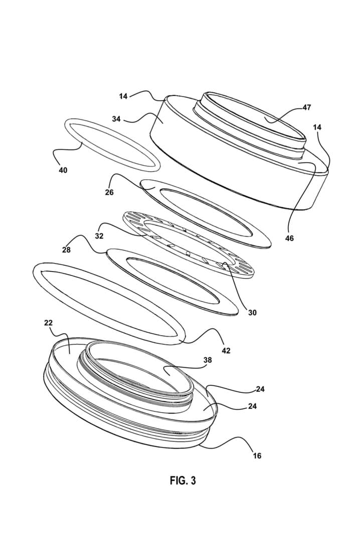 V1 exploded drawing with numbered parts: housing halves, washers, needle bearing and o-rings.