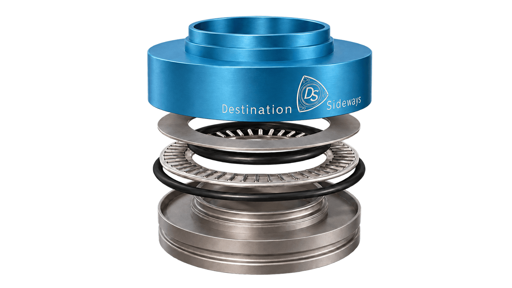 Exploded V1 render: blue upper housing, thrust washer, needle bearing, o-rings and silver lower housing, stacked apart.