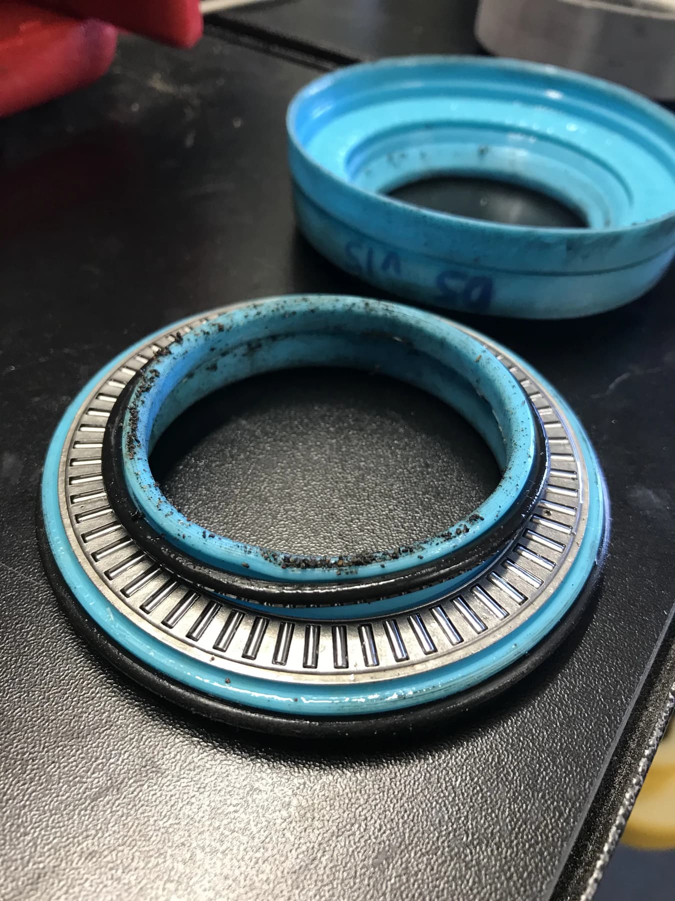 An opened blue housing showing the roller bearing and surrounding surfaces.